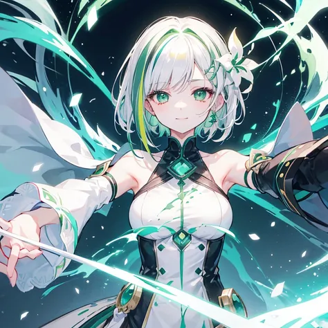 A woman with short hair is alone in the center of the screen、woman with white hair((white highlights hair, green streaked hair)),break、Green Eyes、smile