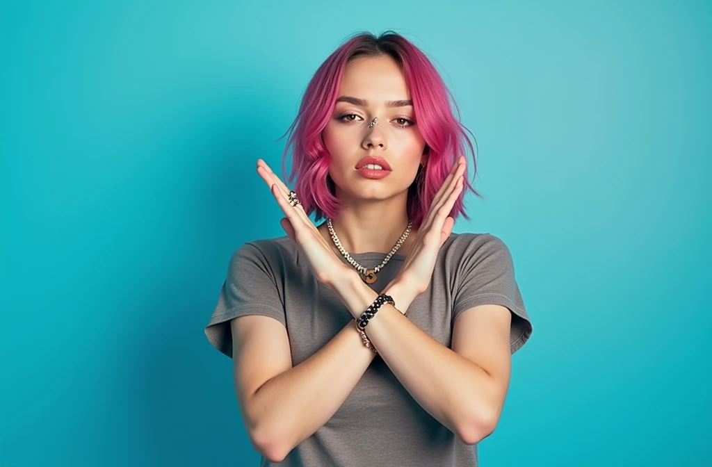 woman with pink hair and piercings, arms crossed with the letter x in the sign of denial, color photography portrait 4k, True-to-life color photography, 🤤 portrait of a girl, color portrait, Brandon Woelfel, glowing pink face, cyberpunk style ， hyperrealis...