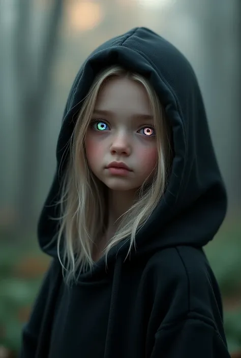 A 145 cm tall girl with flax-colored hair and a black hoodie with rainbow-colored eyes