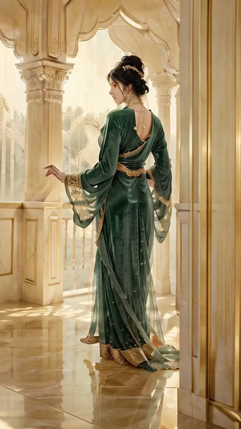 A cinematic full body portrait of a woman exuding regal elegance in a floor-length Anarkali suit. The Anarkali, a (deep emerald green velvet), shimmers subtly under the soft, diffused light. It is adorned with (golden zari embroidery in a delicate floral p...