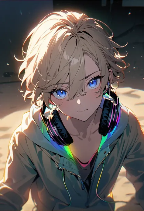 (masterpiece:1.2, Best Quality)、male、solo、、Beige Hair、 wave hairstyle、Semi-long、、dark blue eyes、cool、male、 20th Generation、  hoodie, headphone, RGB lighting le、,comical、Headphone RGB Lighting、Sand color、Sand motif 