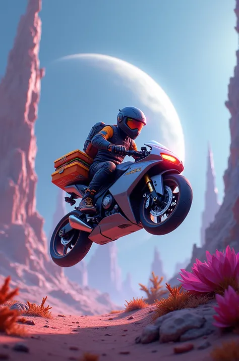 Moto boy delivering hamburgers to the planet 