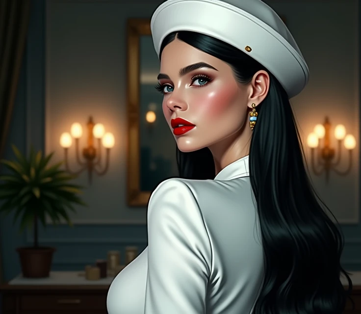  realistic illustrated image ,mujer joven beautiful parada de perfil,Jet black hair long straight ironed perfectly combed backwards combed backwards,white beret,SAPPHIRE BLUE EYES, long eyelashes , pale white skin tone ,porcelain skin,red plump lips, Flush...