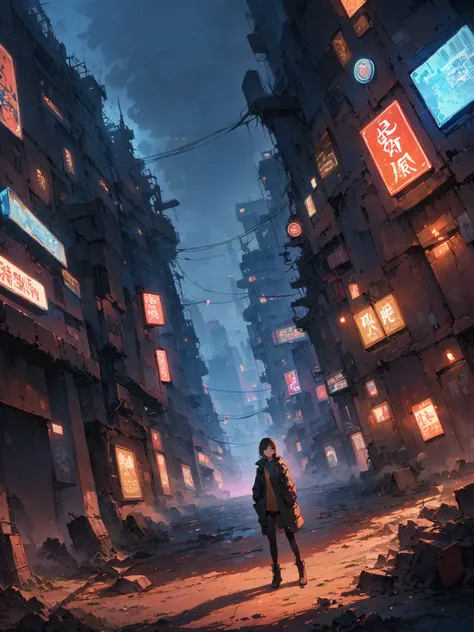 giving her a blend of contemporary and post-apocalyptic style, 
dynamic angles, 

(Underground World:1.3), A dystopian underground city resembling a collapsed Tokyo, with crumbling buildings, old machinery, and neon signs flickering in the background, The ...