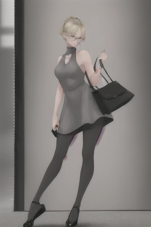 A woman in a grey dress, black flat ballet shoes, grey tights that cover her entire leg and a handbag in her hand, ring, alone, 1 girl, glasses, blushing, with sexy legs, posing in a sexy manner, blonde, slightly large breasts.