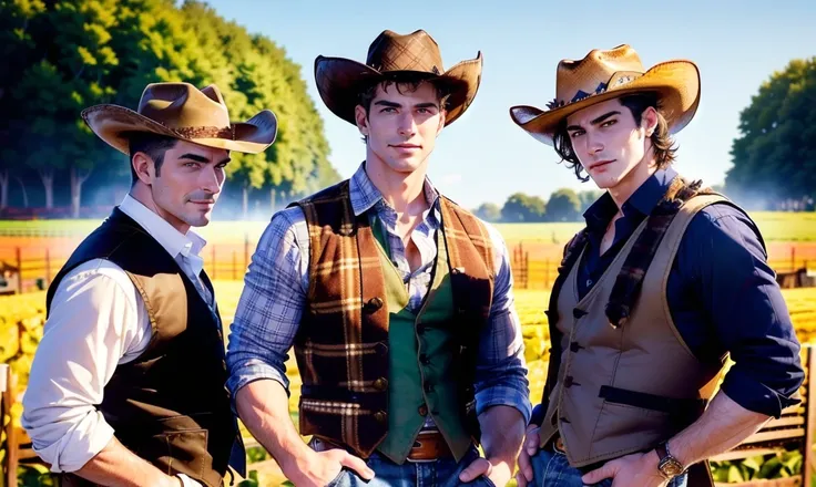 [((highly detailed, detailed eyes, detailed face, clear and realistic facial features, photorealistic, realistic light, cinematic, standing close together, looking at viewer)), ((((3 men, aged in their 20s)))), (((((Gorgeous sexy masculine male farmhand, e...