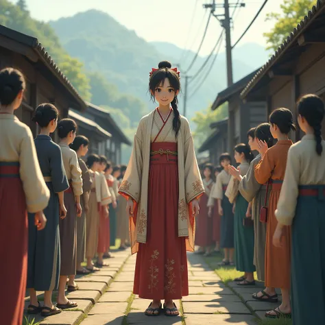 ((Best Quality)), ((masterpiece)), (detailed), A highly detailed, photo-realistic scene of Momiji as she is remembered in the village of Kinanomura, not as an evil demon, but as a benevolent woman. The setting is a peaceful village with simple wooden house...