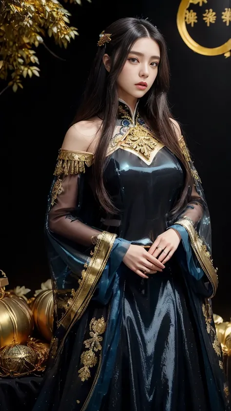 (((flowing transparent shiny textured black and blue dress with golden ornaments))),flowers,long hair,brown hair,closed mouth,jewelry,long sleeves,wide sleeves,big eyes,floating hair,chinese clothes,sexy dress, hanfu,embroidery,long skirt,natural pose,outd...