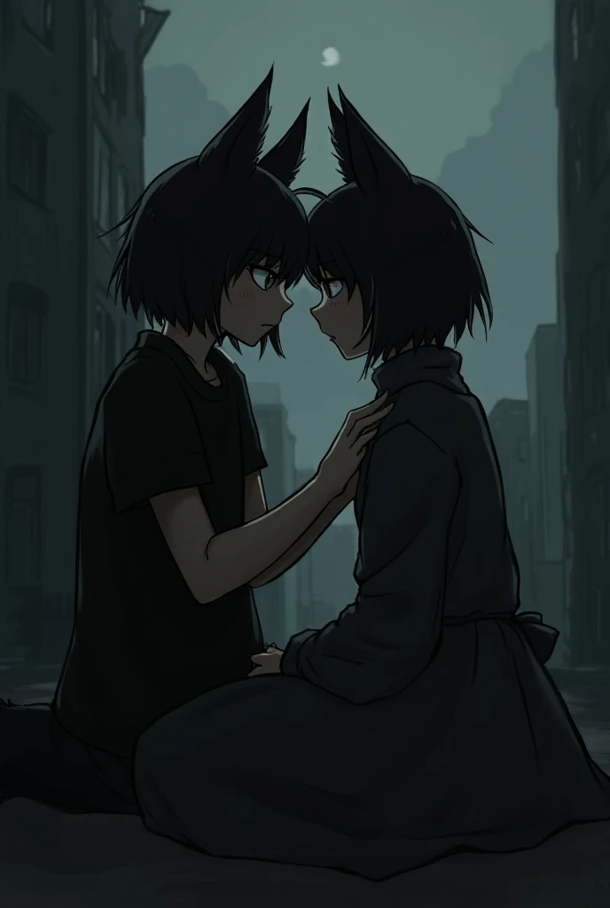 An emo boy black fox ears black tail sitting sad being comforted by an emo girl black fox ears black fox tail black fox tail