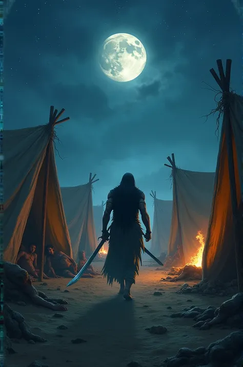 Depict the tense and eerie moment when Ashwathama, consumed by anger and vengeance, launches his infamous night raid on the Pandava camp. Under the cover of darkness, Ashwathama moves stealthily through the camp, his face set in grim determination. His eye...