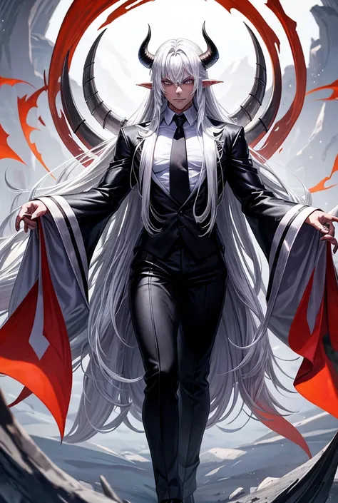 Male demon;Long silver hair;pointed ears;sharp teeth;silver eyes;clawed hands and feet;long, thick scaled tail;bull horns;tanned skin;white tattoos;wears a suit

