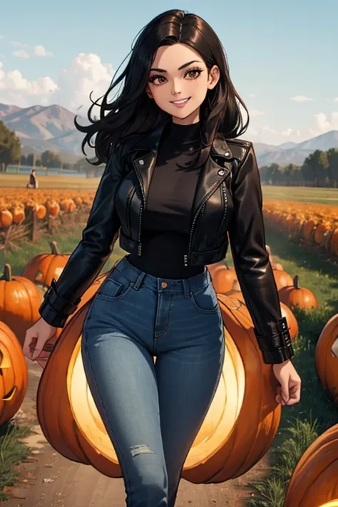 Perfect face. Perfect hands. A black haired woman with brown eyes and an hourglass figure in a leather jacket and jeans is smiling while walking in a pumpkin patch