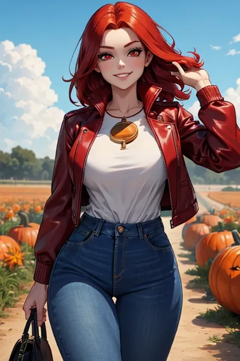 Perfect face. Perfect hands. A red haired woman with red eyes and an hourglass figure in a leather jacket and jeans is smiling while walking in a pumpkin patch