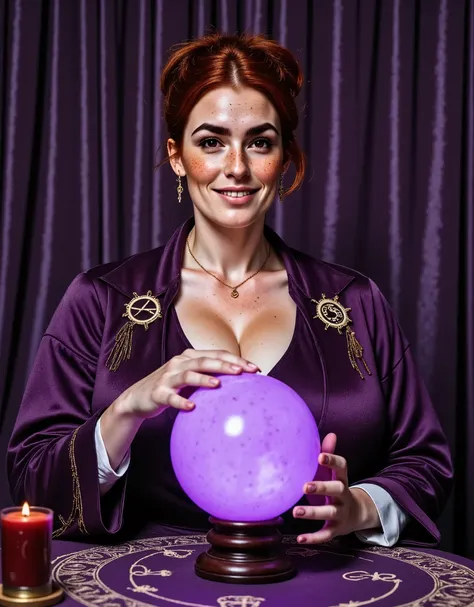 Photorealistic, cinematic style, picture of a beautiful British woman sitting in a fortune-tellers carnival wagon. Small space, no windows. She has a crystal ball on the table in front of her, and shes hovering her hand over it. (Dynamic pose: 1.5), (she i...