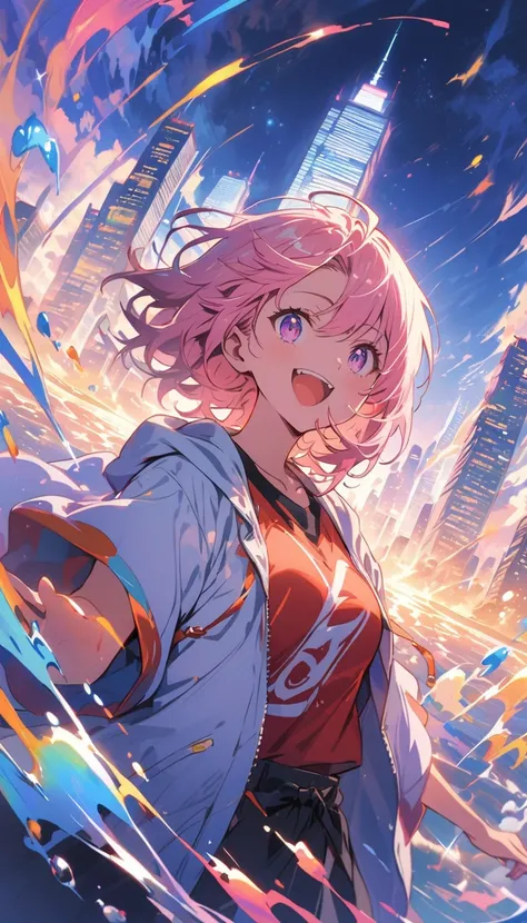 (masterpiece, Best Quality, Official Art:1.2), (colorful), floating colorfulな髪 water, Ultra-detailed illustrations, highly detailed, Dynamic Angle, beautiful detailed, 8k, break smiling amidst the colorful scenes, (Best Quality, masterpiece,  High Resoluti...