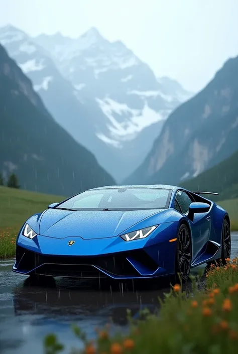 A blue Lamborghini  Mountains and green background raindrops  and big hils 