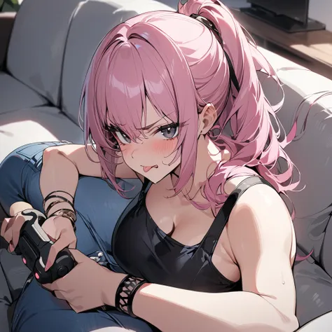 masterpiece, best quality, 1 girl, pink hair in ponytail, big breasts, black eyes, black cropped tube top, blue short jeans, bratty, living room, sits on the couch, game controller in the hand, tongue out, closed mouth, lying on the couch, black bracelets ...