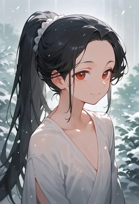 girl,Black hair,Long ponytail, in red eyes, wide forehead, small chest,milf,Beautiful smile ,Snowfall