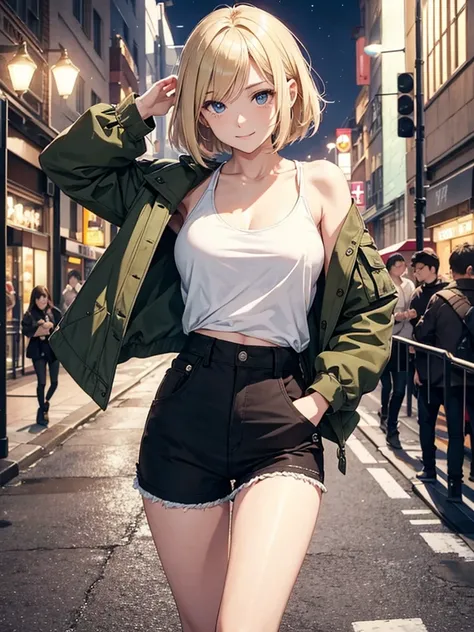 Anime style, super fine illustration, highly detailed, beautiful detailed, pale tone image, static representation, gentle expression, happy expression, 8k, beautiful face, handsome face, cute & bright image, pretty & perfect 1girl with blonde straight shor...