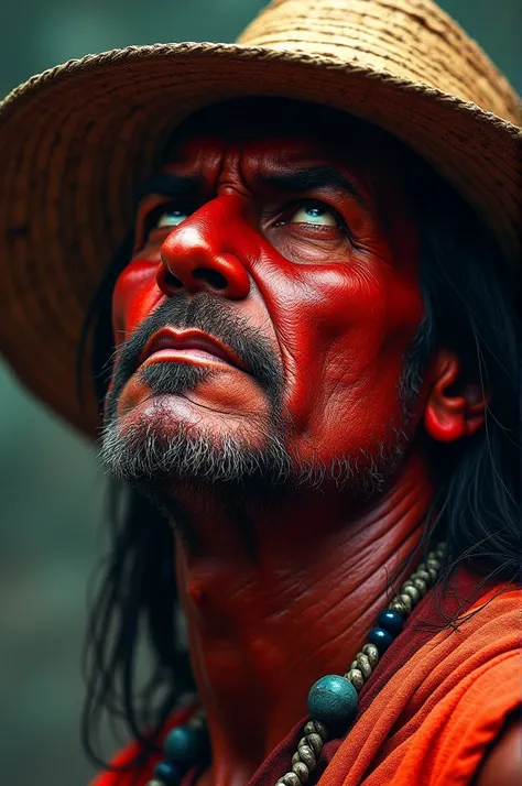 ((Best Quality)), ((Masterpiece)), (detailed), red skin indian, Face focus, adult man with intimidating look, traditional indian hat face in 3 quarters. Looking up to the sky, angry look