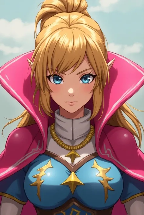 Anime, Hyrule Warriors Princess Zelda wearing a Pink Massive Popped Collar thats taller than her head