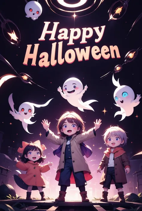 it says "Happy Halloween", conceptual installation fantasy art, kawaii chibi characters of boys and girls, excited, joy, jumping up, purple, orange, illuminated lines, background black and white residential streetscape, dancing ghosts various effects, deli...