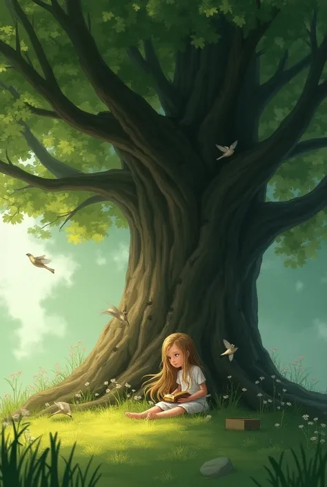 A small Girl setting Down under a tree