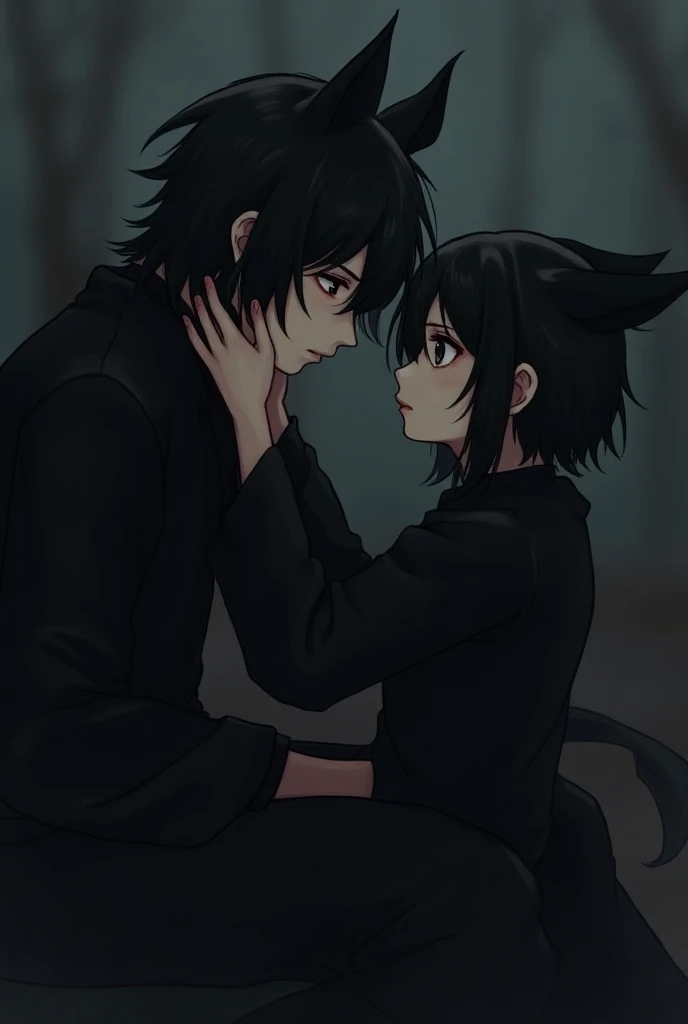 An emo boy black fox ears black tail sitting sad being comforted by an emo girl black fox ears black fox tail black fox tail