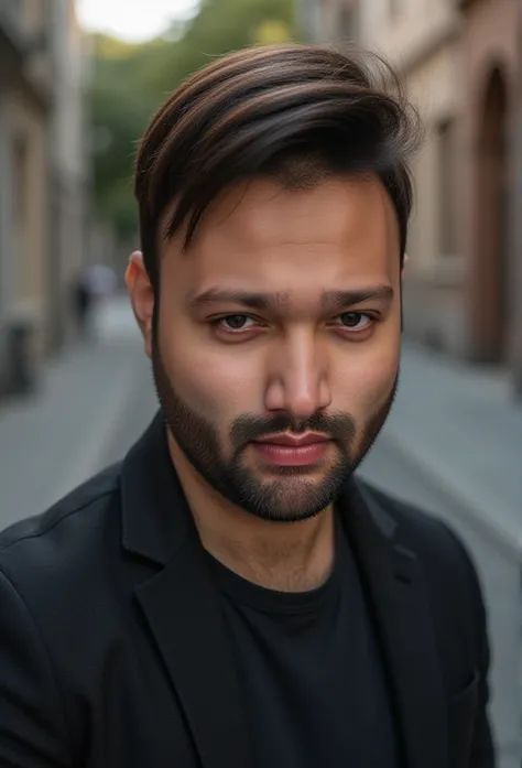 "A stunning portrait showcasing the charm and sophistication of a stylish non europian young man with a well-groomed beard, captivating black eyes, and neatly styled short brown hair. (Avoid close-up shots). Various dynamic outdoor poses.", award winning p...