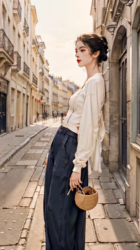 A stylish street style full body photograph of a woman strolling through the Marais district in Paris. She wears a (perfectly fitted Breton top in classic navy and white stripes), paired with (high-waisted, wide-leg trousers in a rich burgundy). A (vintage...