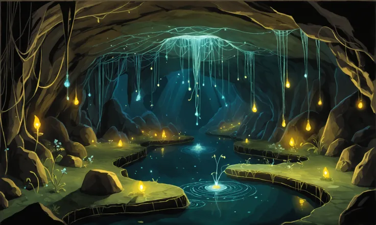 an underground world, a stream runs through a cavern overhead on the cavern ceiling glow worm larvae dangle sticky threads to catch bugs drawn to the light, sprites on a boat look at the glow
