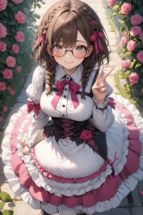 masterpiece, best quality, ultra detailed 8k, extremely detailed eyes, (cute girl with one braid:1.2), dark brown hair, braid with ribbon, 17yo, light brown eyes, droopy eyes, glasses, smile, large breasts, large buttocks, voluptuous, v-sign, bust shot, fa...