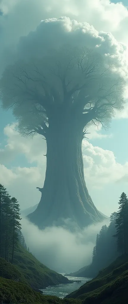 /Super Strong Super Huge gigantic tree,A tree much larger than a mountain,The tip is hazy and cant be seen through the clouds。/actual picture 