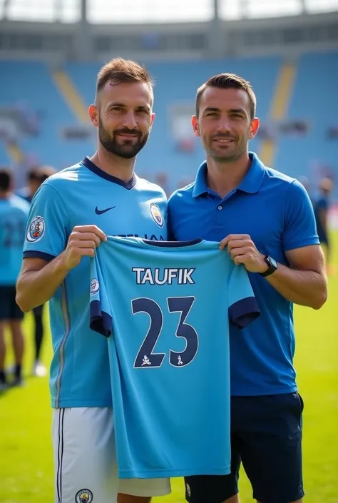 a Photo of Erling Haaland, the Manchester City football player, next to a fat Malay man with neatly trimmed hair wearing a blue polo shirt, they are holding a football shirt that says "Taufik 23". He was standing on the grass field. The background contains...