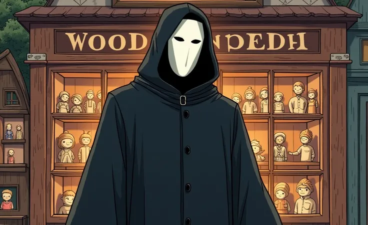 A man wearing a white mask, a full black robe, stands in front of a wooden doll collection shop, cute picture, cartoon image