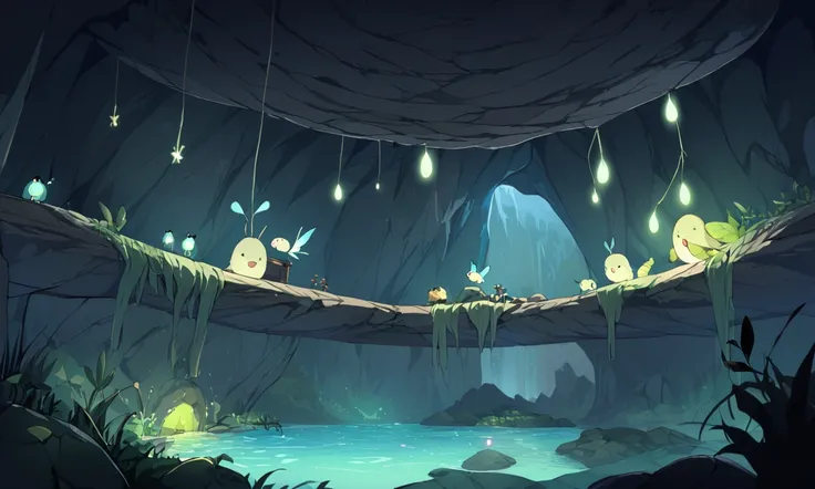 an underground world, a stream runs through a cavern overhead on the cavern ceiling glow worm larvae dangle sticky threads to catch bugs drawn to the light, sprites on a boat look at the glow
