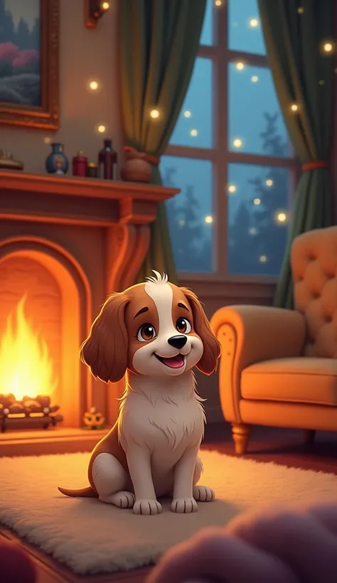 a cartoon dog sitting in front of a fireplace in a living room, a storybook illustration by Julia Pishtar, behance contest winner, naive art, cozy home background, cozy wallpaper, cosy enchanted scene, cozy place, cozy aesthetic, cozy living room backgroun...