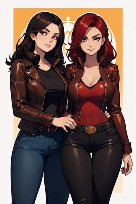 Two women. Perfect faces. Perfect hands.  A black haired woman with brown eyes and an hourglass figure in a leather jacket and jeans is holding a red haired woman with red eyes with an hourglass figure in a leather jacket and jeans in the pumpkin patch wit...