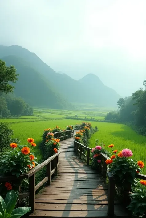 Create an image featuring a lush, green landscape with terraced rice fields. Include a wooden pathway with a railing adorned with vibrant flowers, such as orange and pink blooms. The setting should be misty, suggesting an early morning atmosphere with fog ...