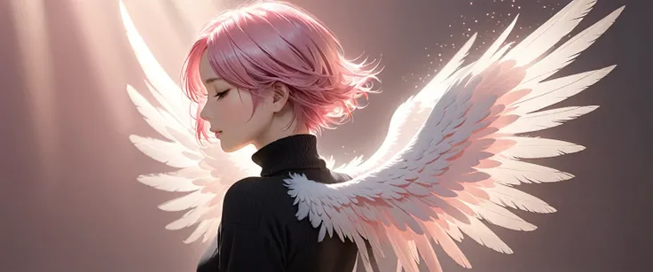 The image depicts a figure with short, pink hair, wearing a dark turtleneck sweater. The person appears to have soft, white feathered wings protruding from their back. The background is illuminated with a soft light, giving the scene a gentle and ethereal ...