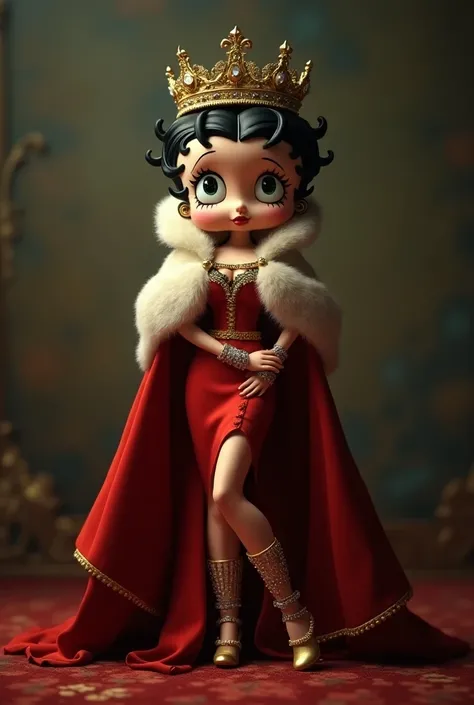 Betty boop, with the crown of the king of Europe , cloaked in the kings fur cape ,The waiter in the red dress of the king ,Wearing two-meter high heels made of gold and gems,