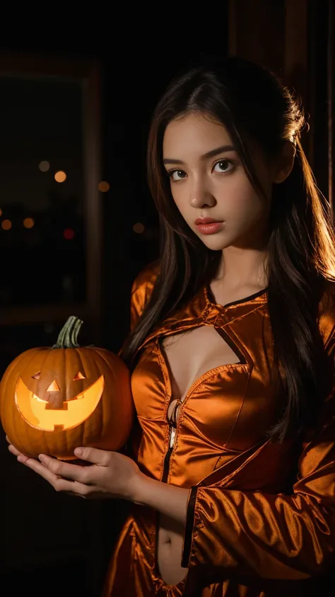 A girl in a magnificent costume holding a Halloween Glow pumpkin with an glowing red aura surrounding her body, powerful and gorgeous