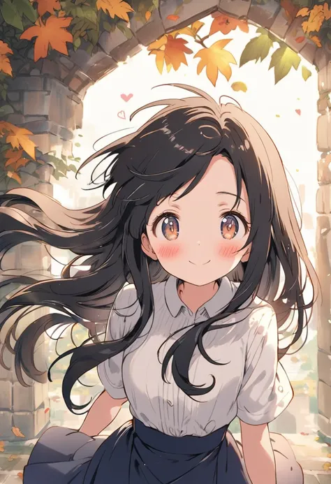 Front view、Black Hair、long hair、Bangs rising、The wind blows from the front、Forehead、Upper Body、(Blushing:1.3)、1 face、smile、Fall in love、shy、happy、looking at the viewer、(Anime-style artwork by Hayao Miyazaki :0.7)、shyness、standing、white blouse and navy pens...