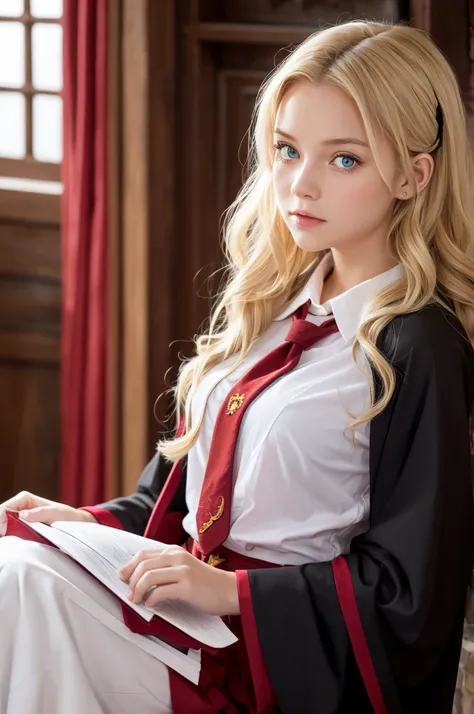 blonde hair, loose wavy hair, half-up hair, Big black ribbon in her hair,  light blue eyes, beautiful girl,  Half Canadian, Half British, A young woman wearing Hogwarts uniform white shirts and red Gryffindor tie and black robe