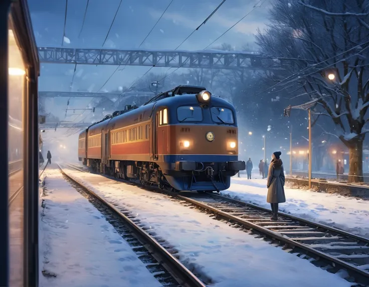 (Scenery before dawn: 1.5), Station platform covered in snow in the countryside, standing woman, wearing a coat, white breath, snow falling, diesel locomotive, extending railway line, winter, pale Starry sky, people waiting for the train, photorealistic, p...