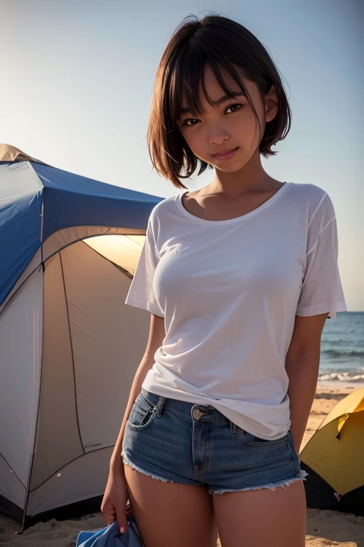 A beautiful 15-year-old teenage girl, medium sized ass, medium sized breasts, wearing a short shirt, wearing loose cotton shorts, with his back to the observer,  looking at the observer,  smiling at the observer ,  standing in front of a camping tent, on a...