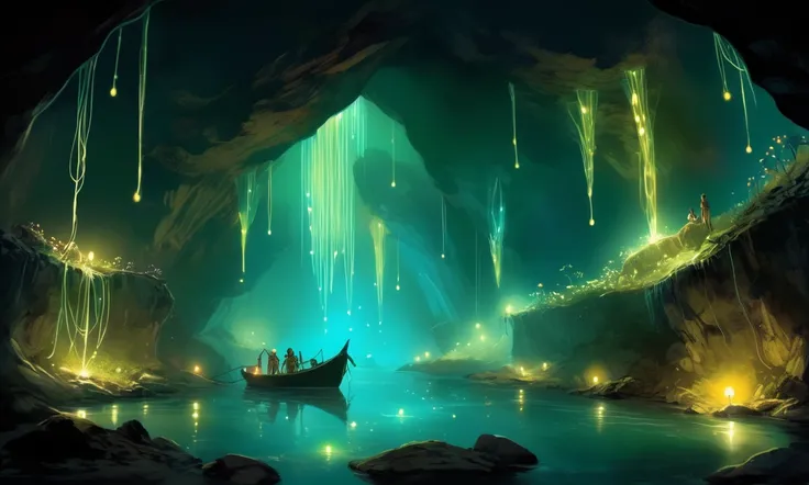 an underground world, a stream runs through a cavern overhead on the cavern ceiling glow worm larvae dangle sticky threads to catch bugs drawn to the light, sprites on a boat look at the glow
