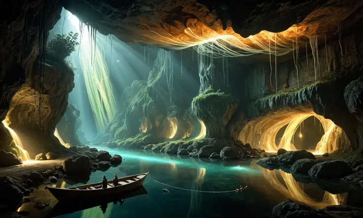 an underground world, a stream runs through a cavern overhead on the cavern ceiling glow worm larvae dangle sticky threads to catch bugs drawn to the light, sprites on a boat look at the glow
