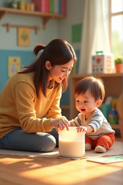 Draw a picture that clearly shows the activity of the preschool teacher and the baby who is rolling the shell of the milk powder box