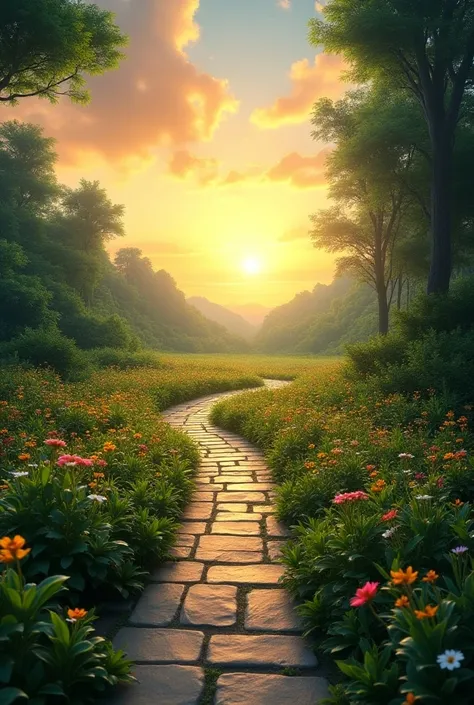 **Prompt for visual:**

A scenic pathway winding through a lush landscape, leading toward a bright, radiant horizon with the sun rising or setting. The pathway should be inviting and serene, lined with vibrant flowers and greenery. Overlay the image with c...